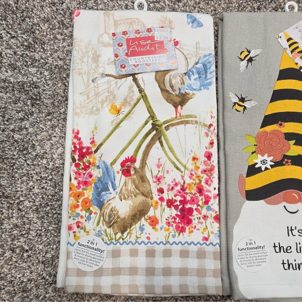 Kay Dee Designs Lisa Audit Set of 3 Cotton Kitchen Towels Bee Rooster Strawberry
